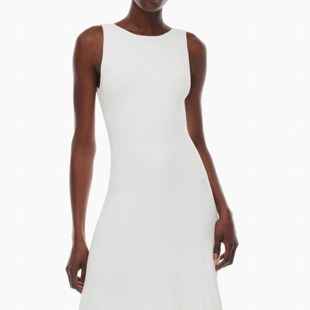 Massimo Dutti White Ribbed Slim Fit Knee length Dress sz M